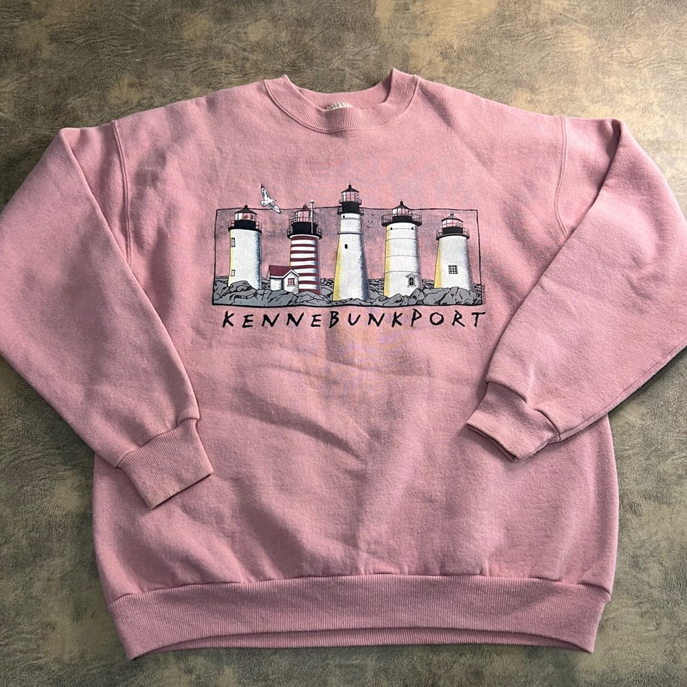 Hanes Sweatshirt Adult L‎ Pink Kennebunkport Maine Lighthouse Vintage *STAIN*